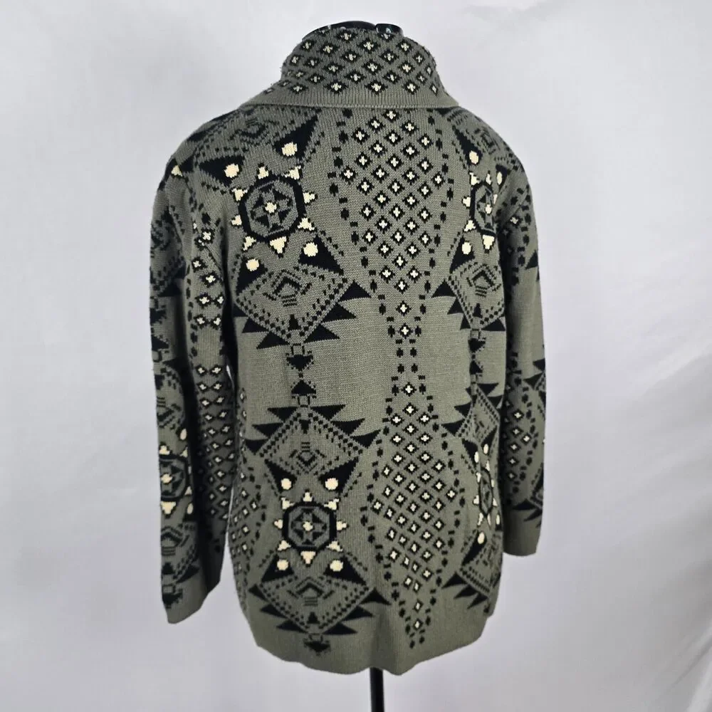 Cesar Cardigan Women's XL *** Green Black Tan Button Up Collar Long Sleeve